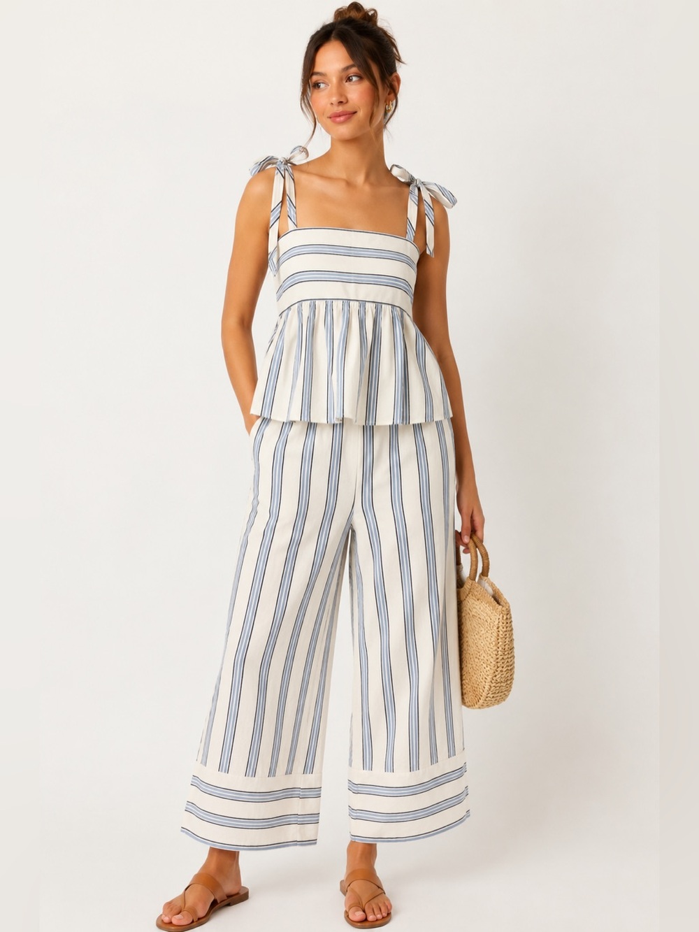 Striped Wide Leg Jumpsuit — Blue & White